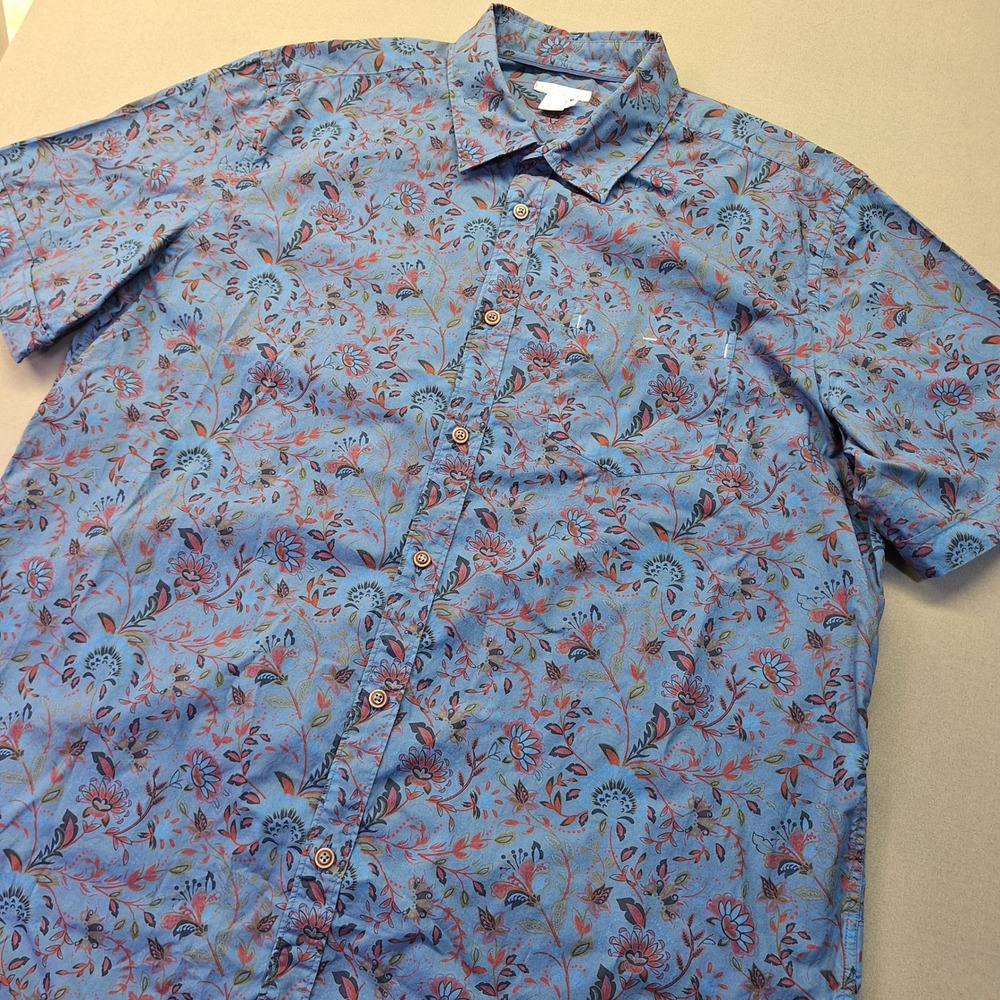 Carbon2Cobalt Mens Large Blue Floral Italian Fabric Cotton Short Sleeve Shirt